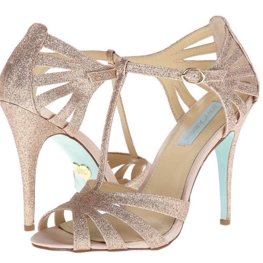 Betsey Johnson Rose Gold Glitter T-Strap Heel, 7.5